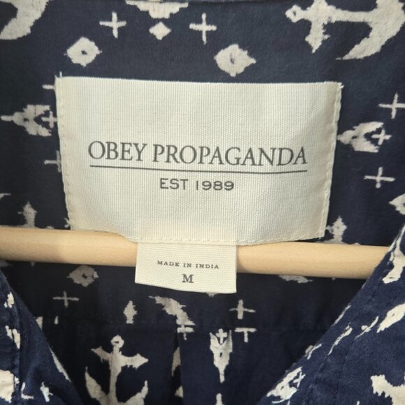 Obey Propaganda Navy Anchor 100% Cotton Short Sleeved Button Down Medium - Picture 9 of 12